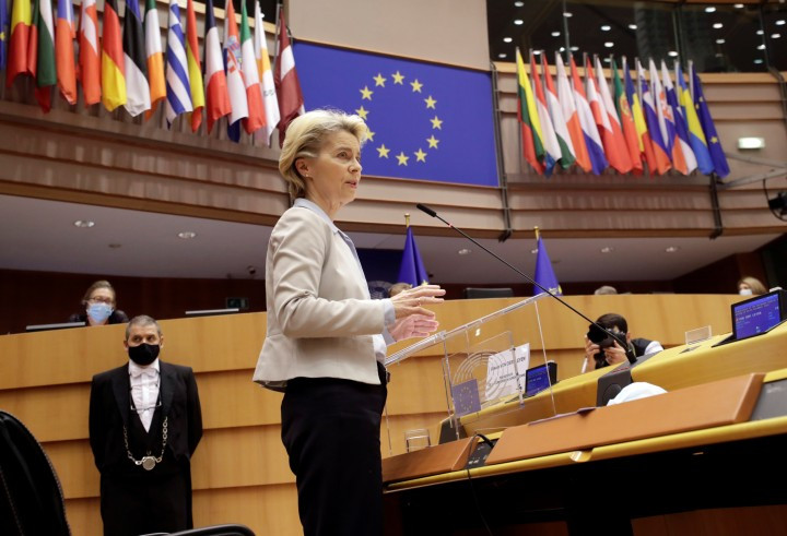 Ursula von der Leyen speaking in the European Parliament on 25 November 2020. Photo: Olivier Hoslet / Pool / REUTERS