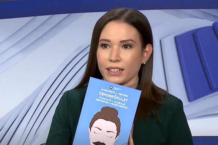 Eszter Párkányi, an analyst at the Center for Fundamental Rights, presenting the book The Gender Revolution on M1’s morning show