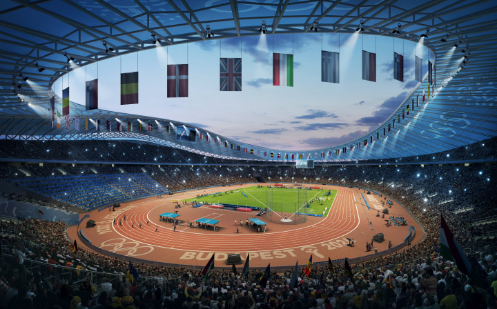 Budapest 2024 által 2017. január 4-én közölt látványterv az Olimpiai Park helyszíncsoportban található Olimpiai Atlétikai Stadionról – Forrás: MTI