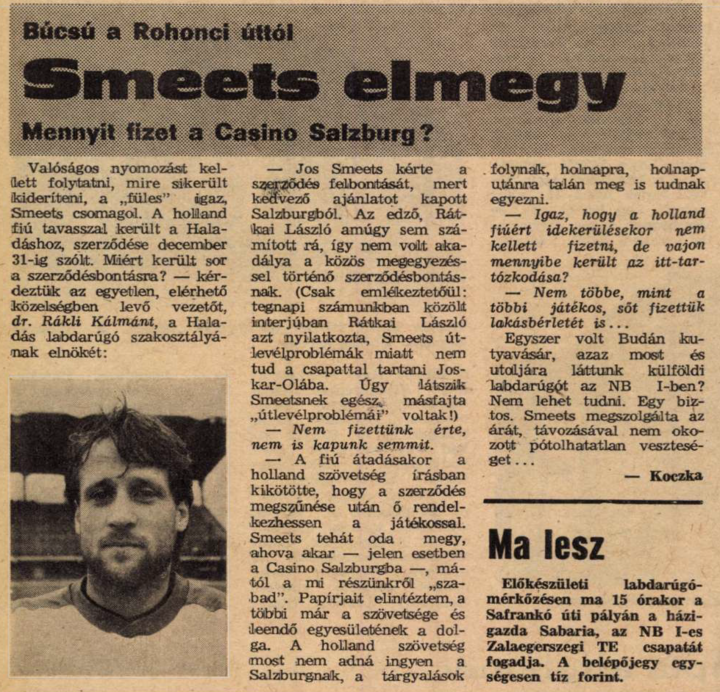 Smeets távozásáról szóló cikk – Forrás: Vas Népe, 1986. július (31. évfolyam, 153-179. szám) / Arcanum