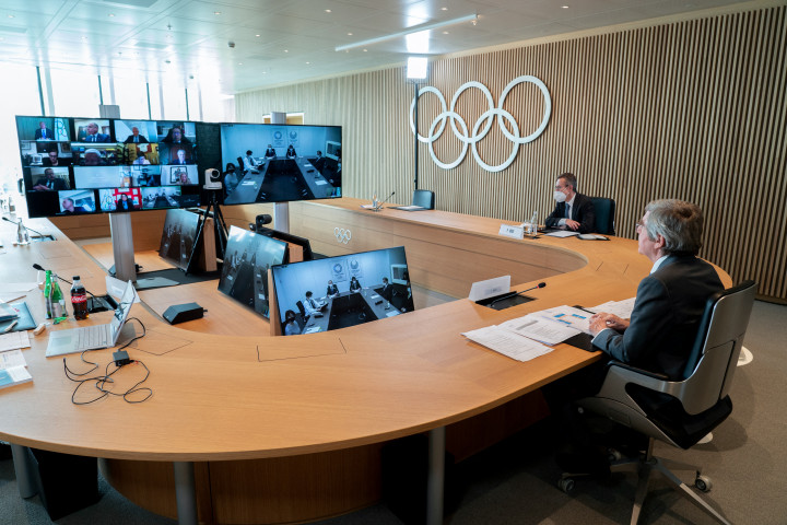 A Nemzetközi Olimpiai Bizottság ülése 2021. február 24-én, Lausanne-ban – Fotó: Greg Martin / OIS/IOC / AFP