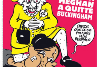 II. Erzsébet Meghan Markle nyakán térdel a Charlie Hebdo címlapján, a britek kiakadtak