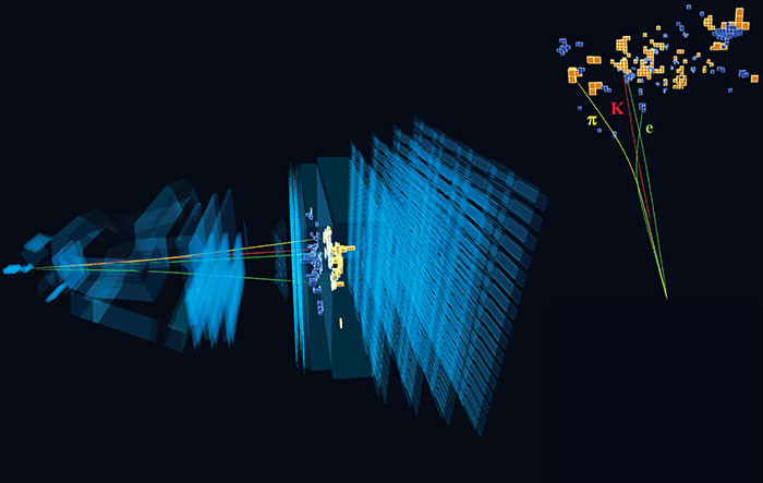 A b-mezon bomlása az LHCb detektorban – Kép: CERN / LHCb kollaboráció