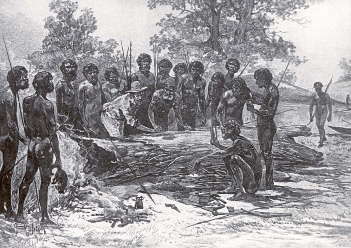 John Batman aláírja a szerződést az őslakosokkal arról, hogy földet vesz Melbourne térségében (ismeretlen művész rajza 1886-ból) – Kép: Wikipedia