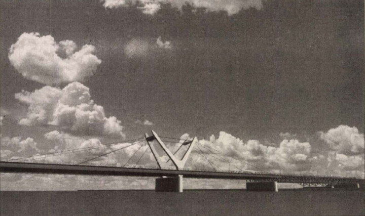 A korábbi tervek Y-pilonos hidat képzeltek el – Forrás: Főmterv, Népszabadság, 2000. február 29.