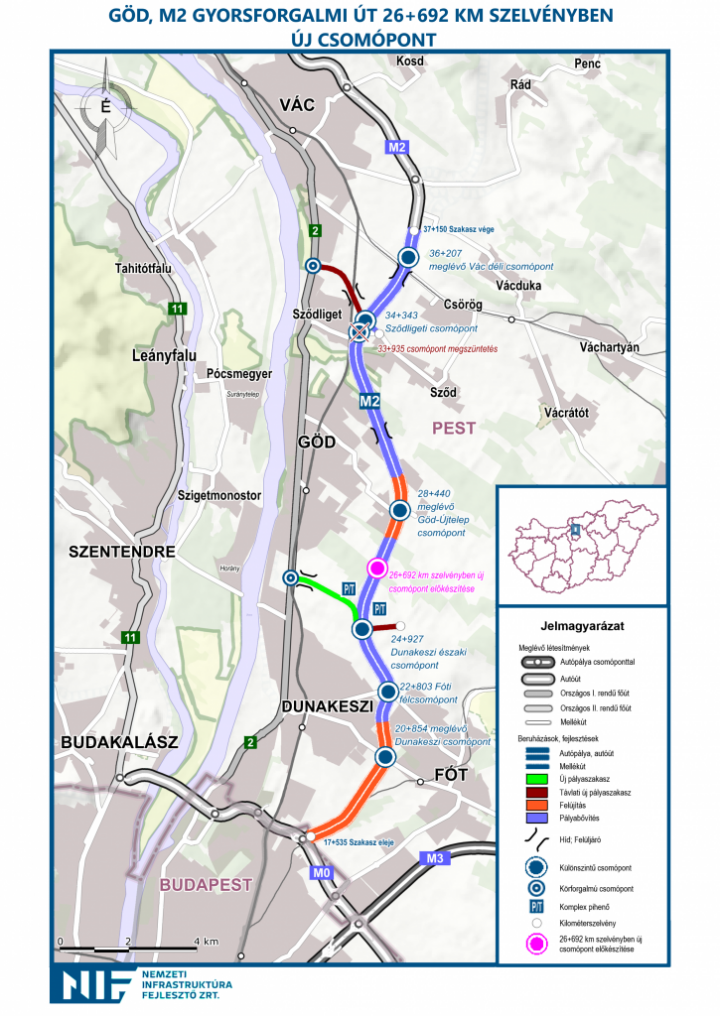 Egy 2018-as térkép az M2 gyorsforgalmi út fejlesztéséről – Fotó: NIF Zrt.