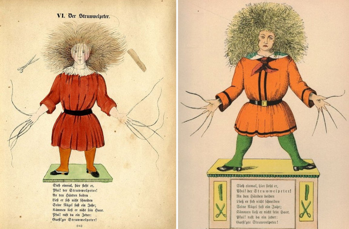 Balra az eredeti 1845-ös, jobbra egy 1917-es kiadás Struwwelpetere – Forrás: Wikipedia