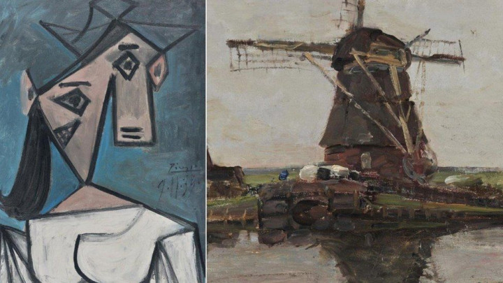 Pablo Picasso „Női fej” és Piet Mondrian „Szélmalom” című festménye – Fotó: Görög Nemzeti Galéria