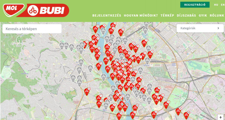 Egy átlagos hétköznap reggel a Bubi-rendszerben: a szürke pontoknál nincs kerékpár – Forrás: MOL Bubi térkép