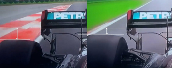 Látható, mennyire „beesik” a Mercedes hátulja az egyenesben (jobbra) – Fotó: Motorsport Week / F1TV